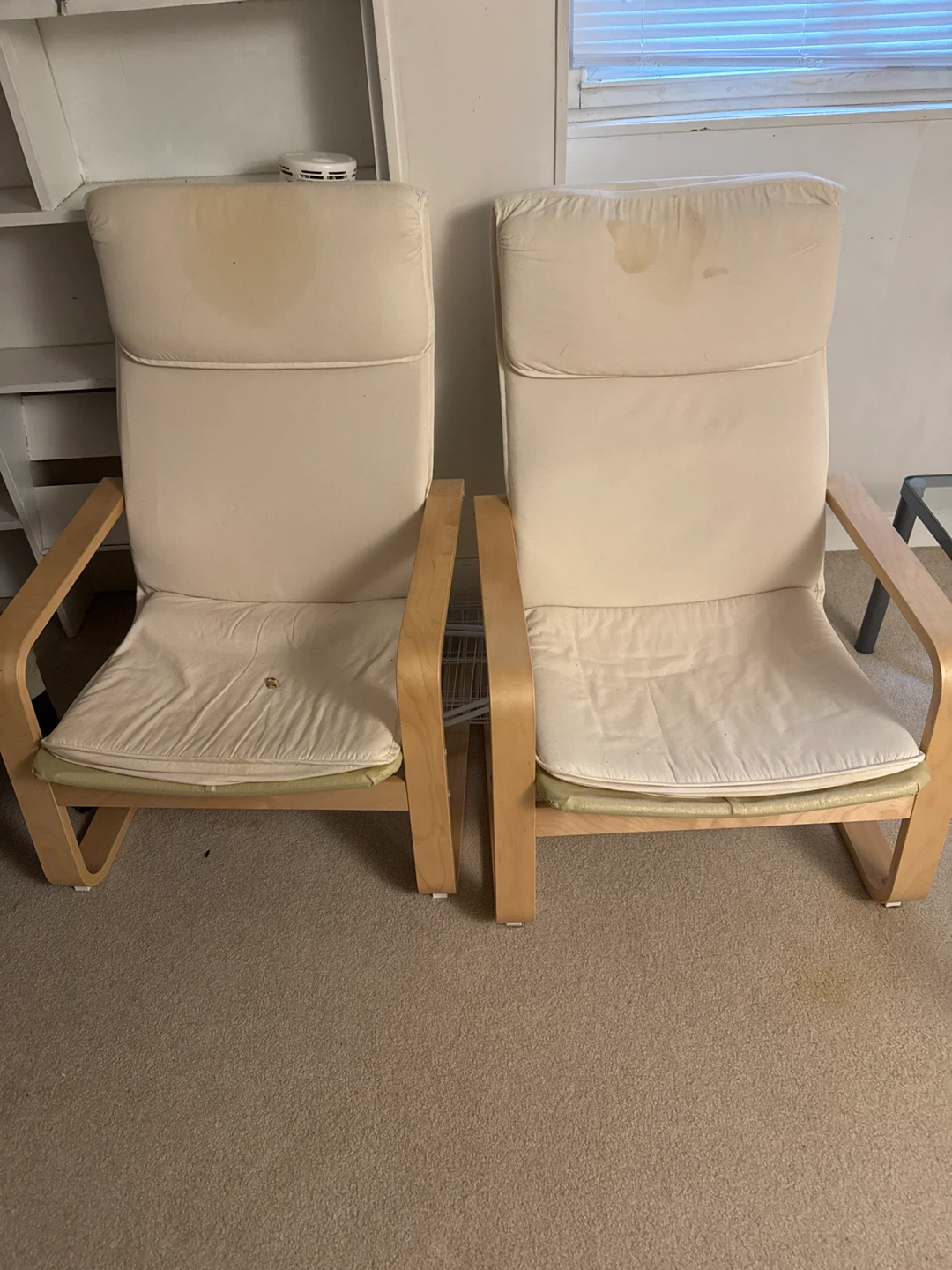 2 x Cream Lounge Chairs with Wooden Frame