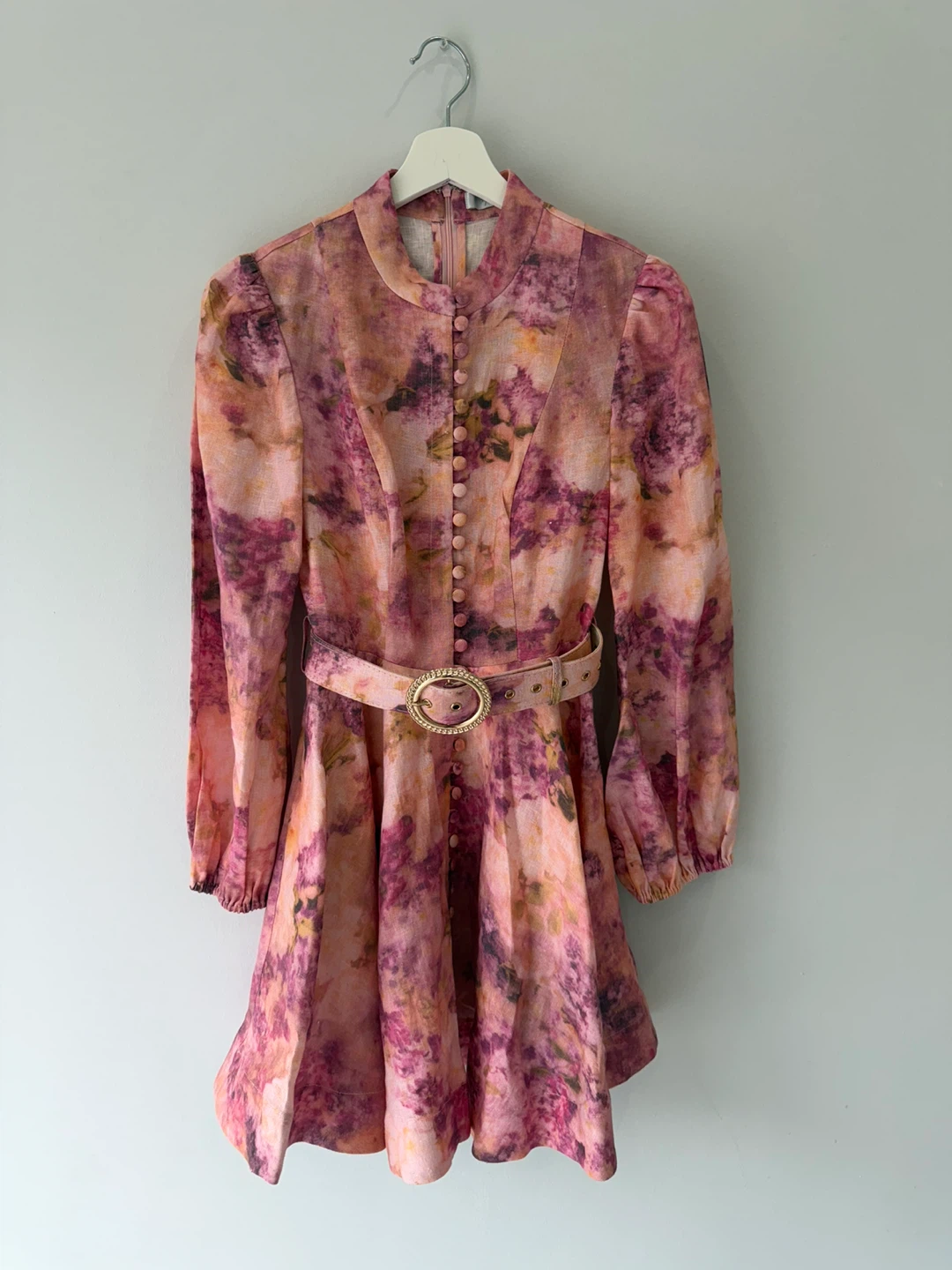 Pink Floral Button-Up Mini Dress with Belt XS