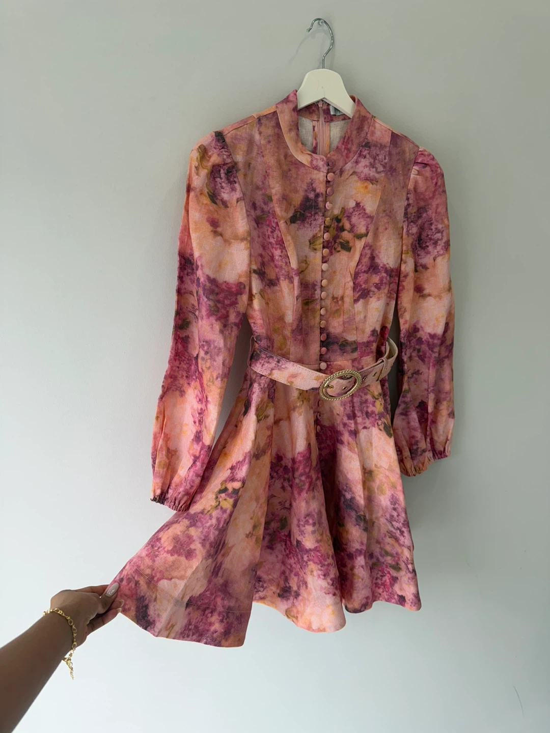 Pink Floral Button-Up Mini Dress with Belt XS - photo 3