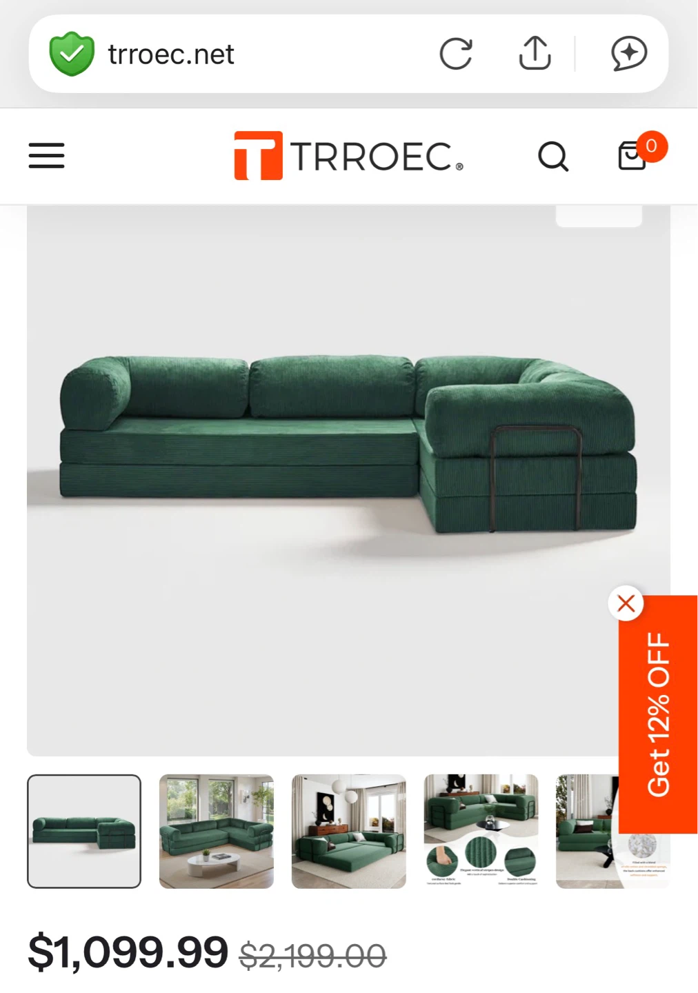 Modular Corduroy Sofa Bed - Green - photo 4