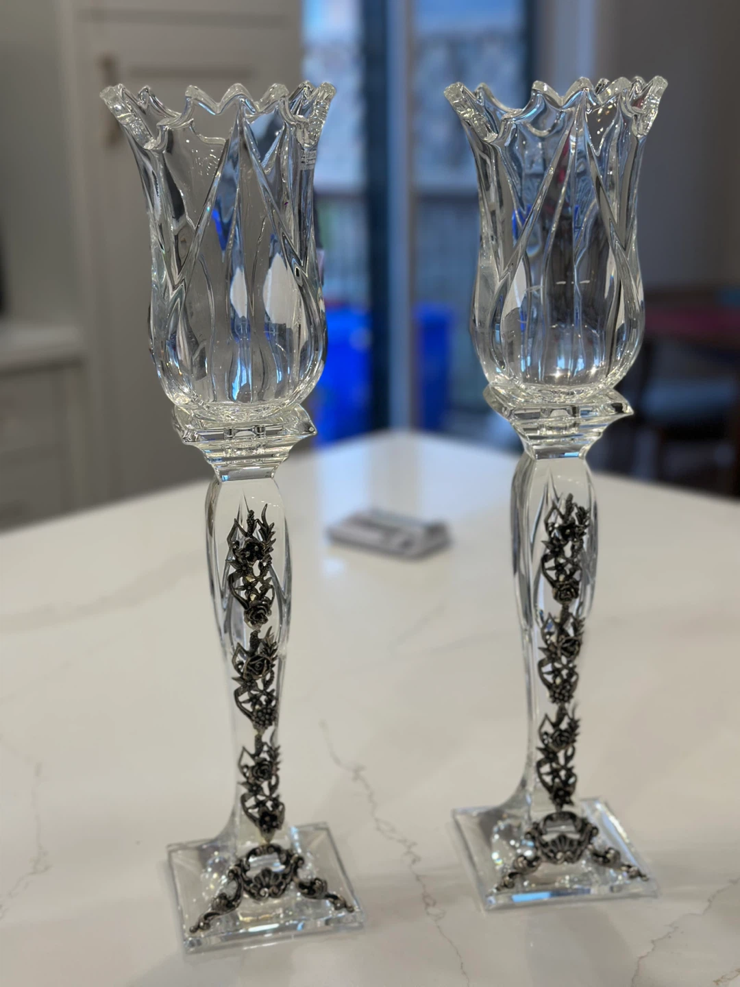 Crystal Tulip Vases with Silver Floral Accents (Set of 2) - photo 2