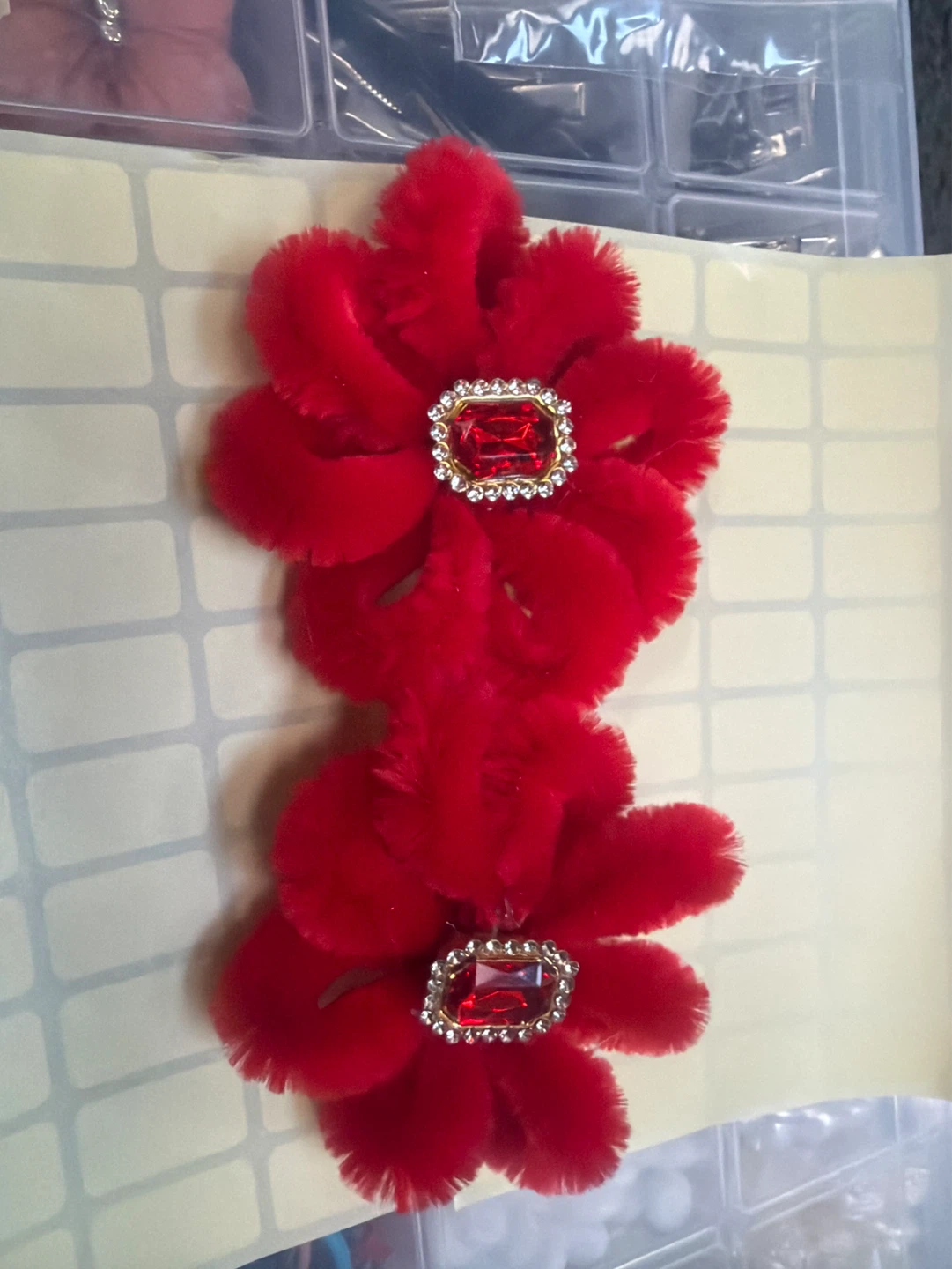 Red Flower Hair Clips with Rhinestone Center (Set of 2)