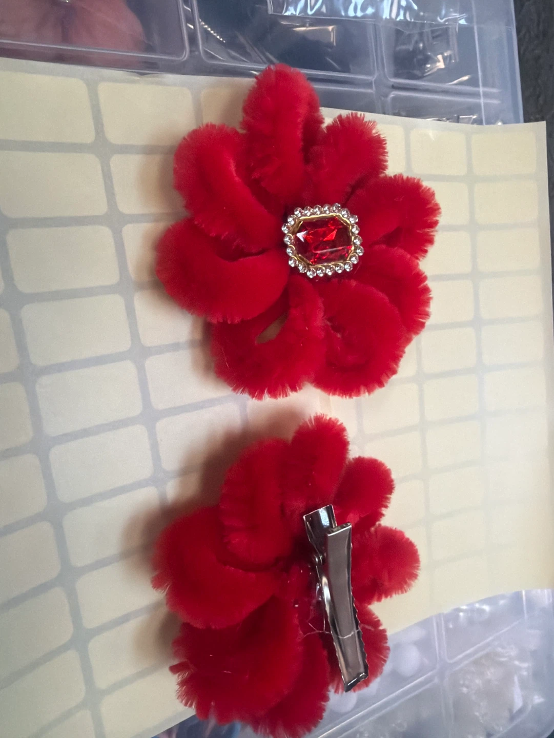 Red Flower Hair Clips with Rhinestone Center (Set of 2) - photo 2