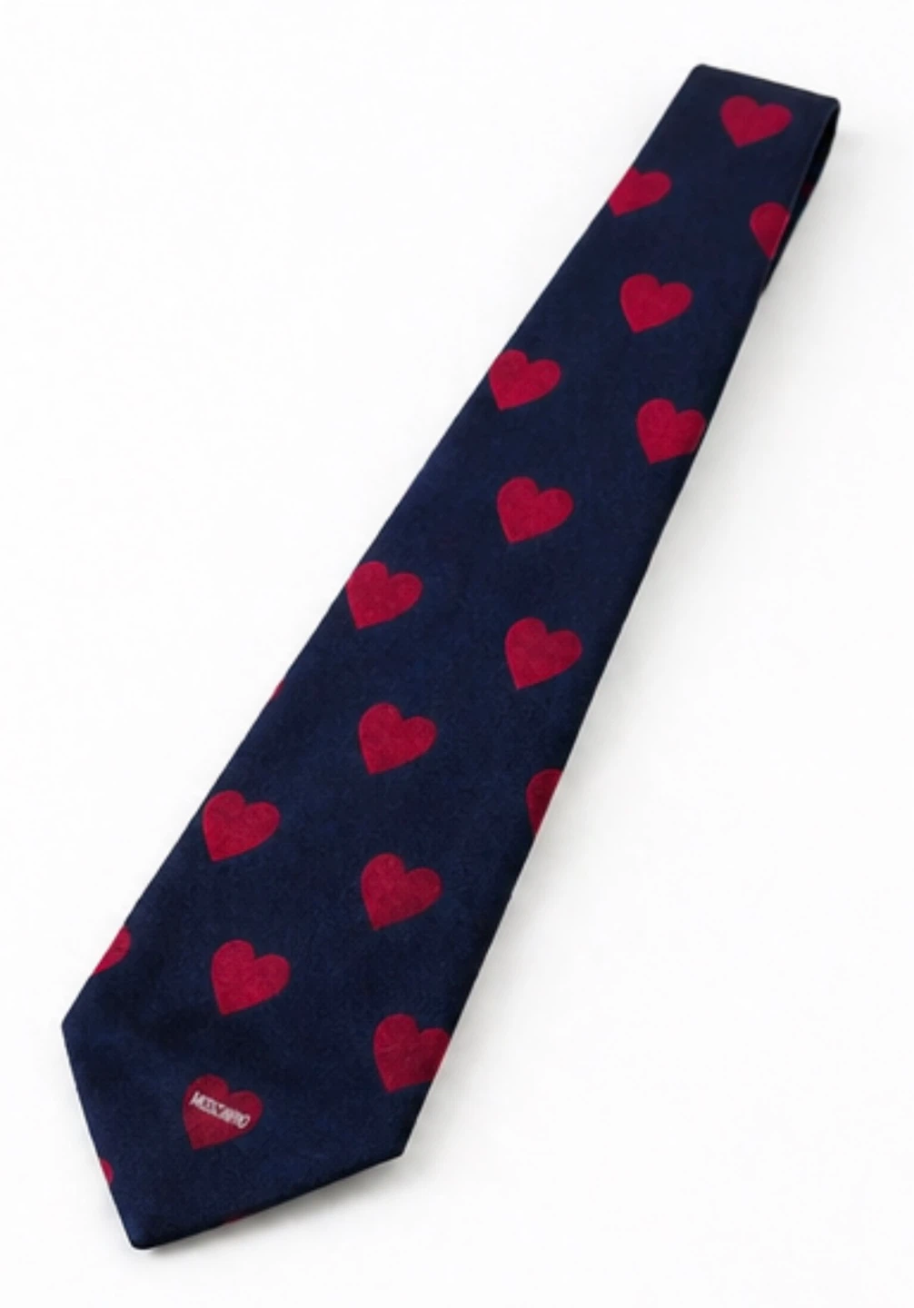 Moschino Navy Blue Silk Tie with Red Hearts