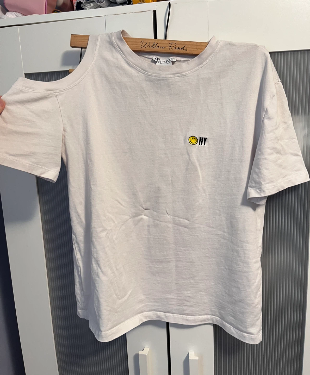 ZARA Smiley "NY" Cold Shoulder T-Shirt