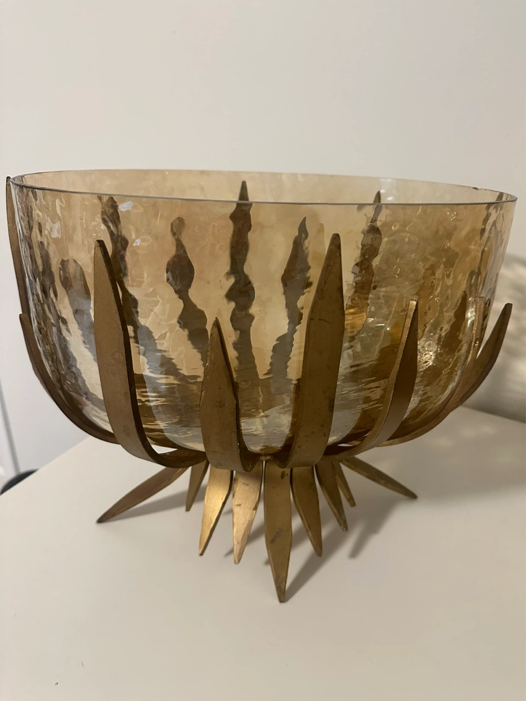 Large Amber Glass Bowl with Metal Base