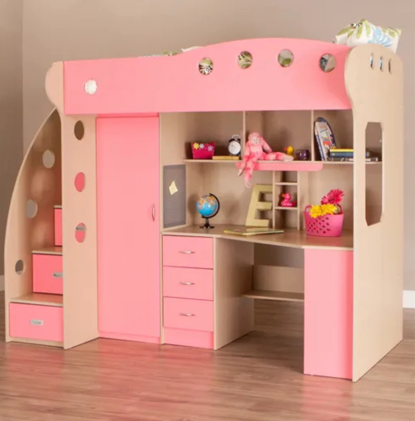 Pink Loft Bed with Desk and Storage