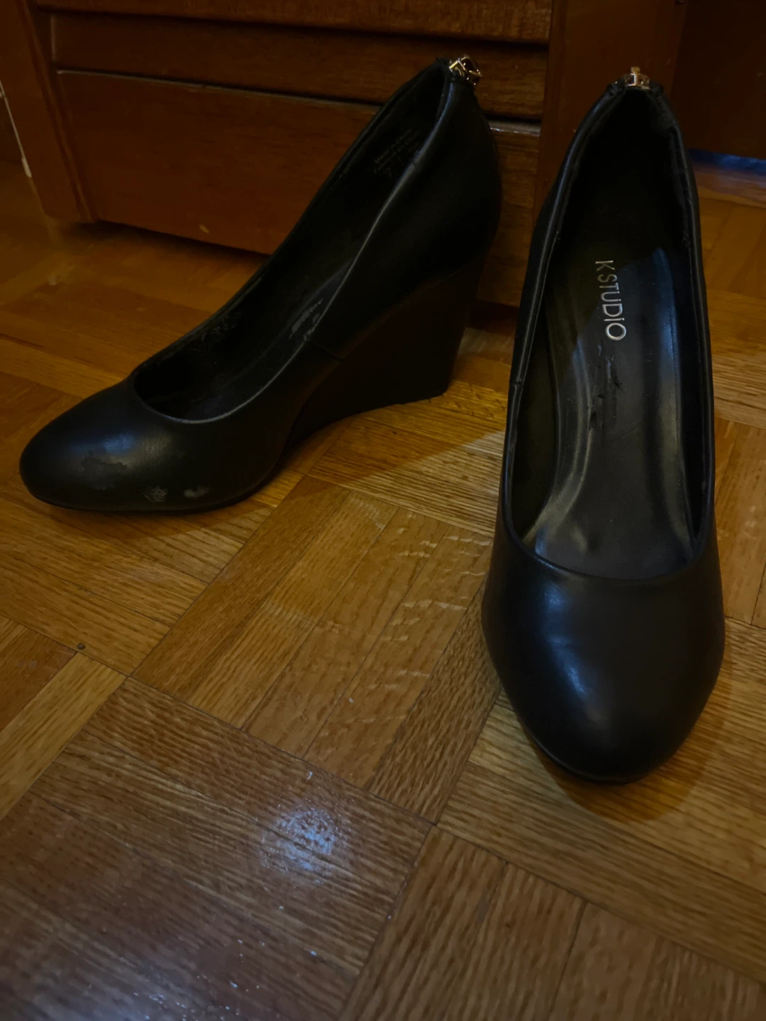 K STUDIO Black Faux Leather Wedge Heels