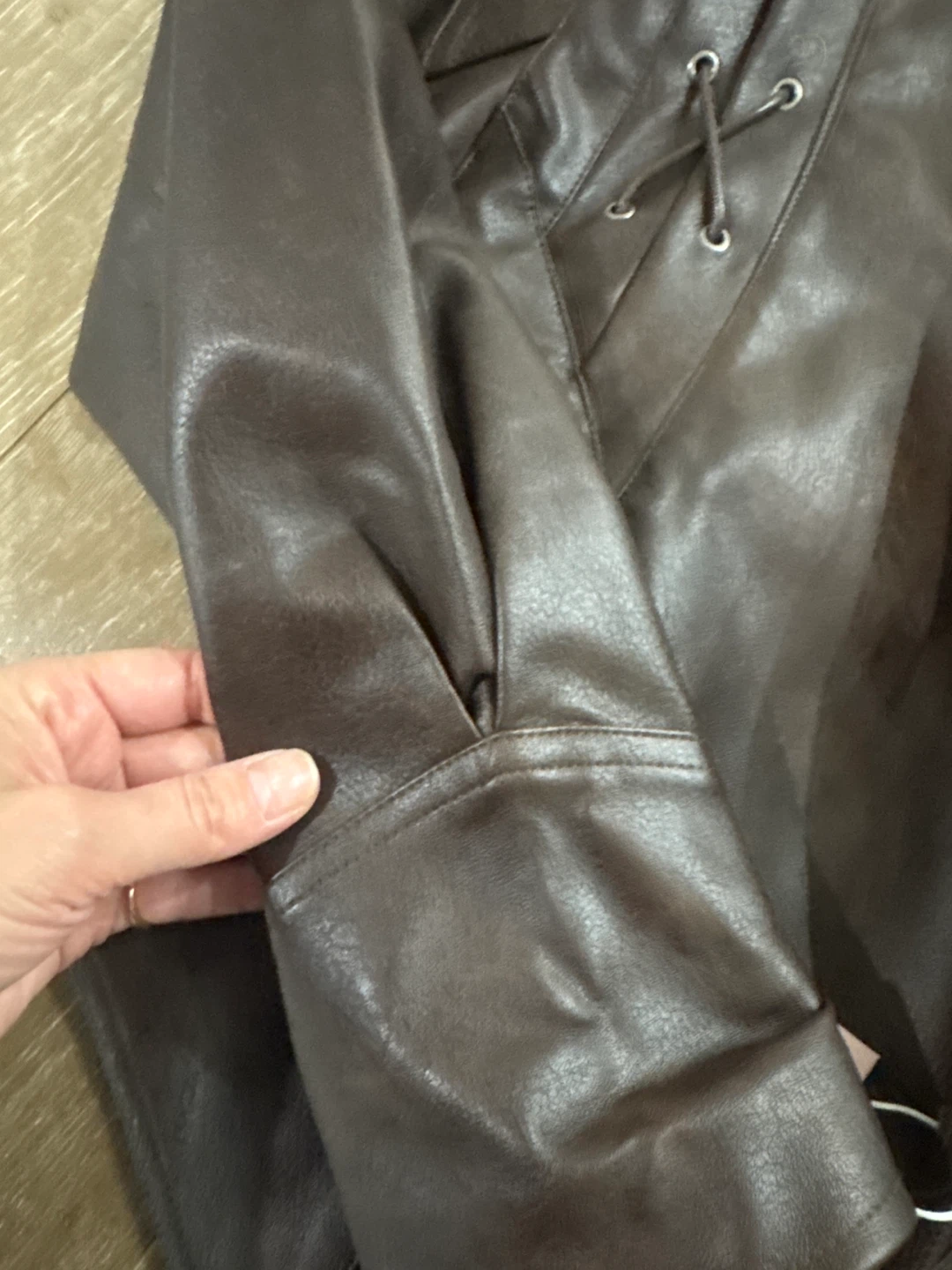 Brown Faux Leather Jacket with Lacing Detail - photo 3