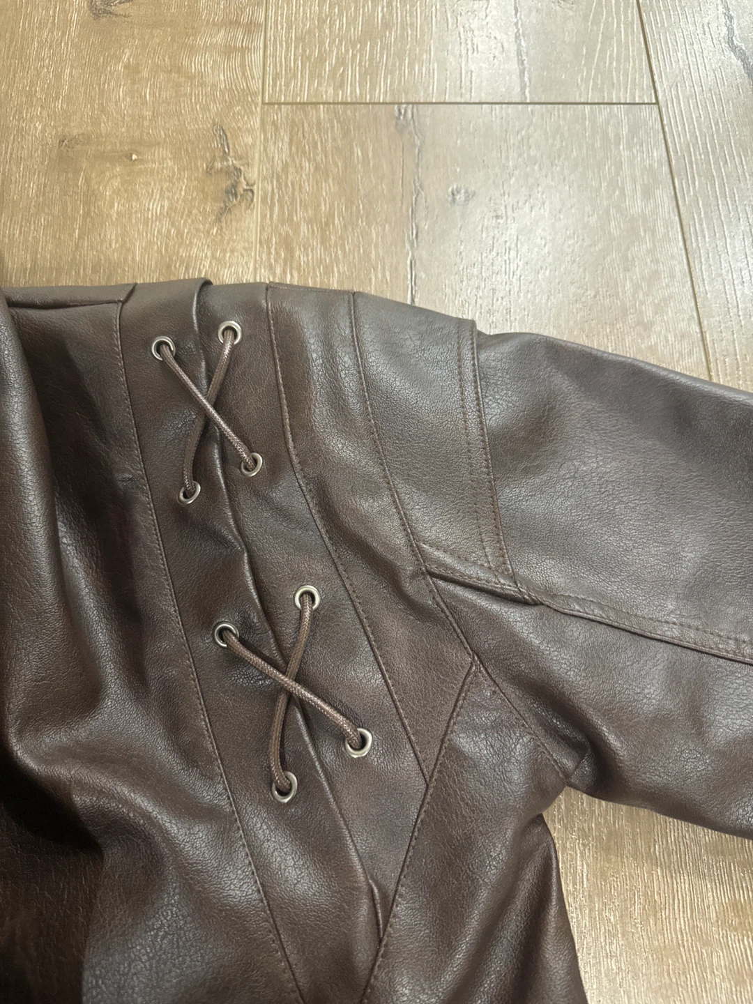 Brown Faux Leather Jacket with Lacing Detail - photo 2