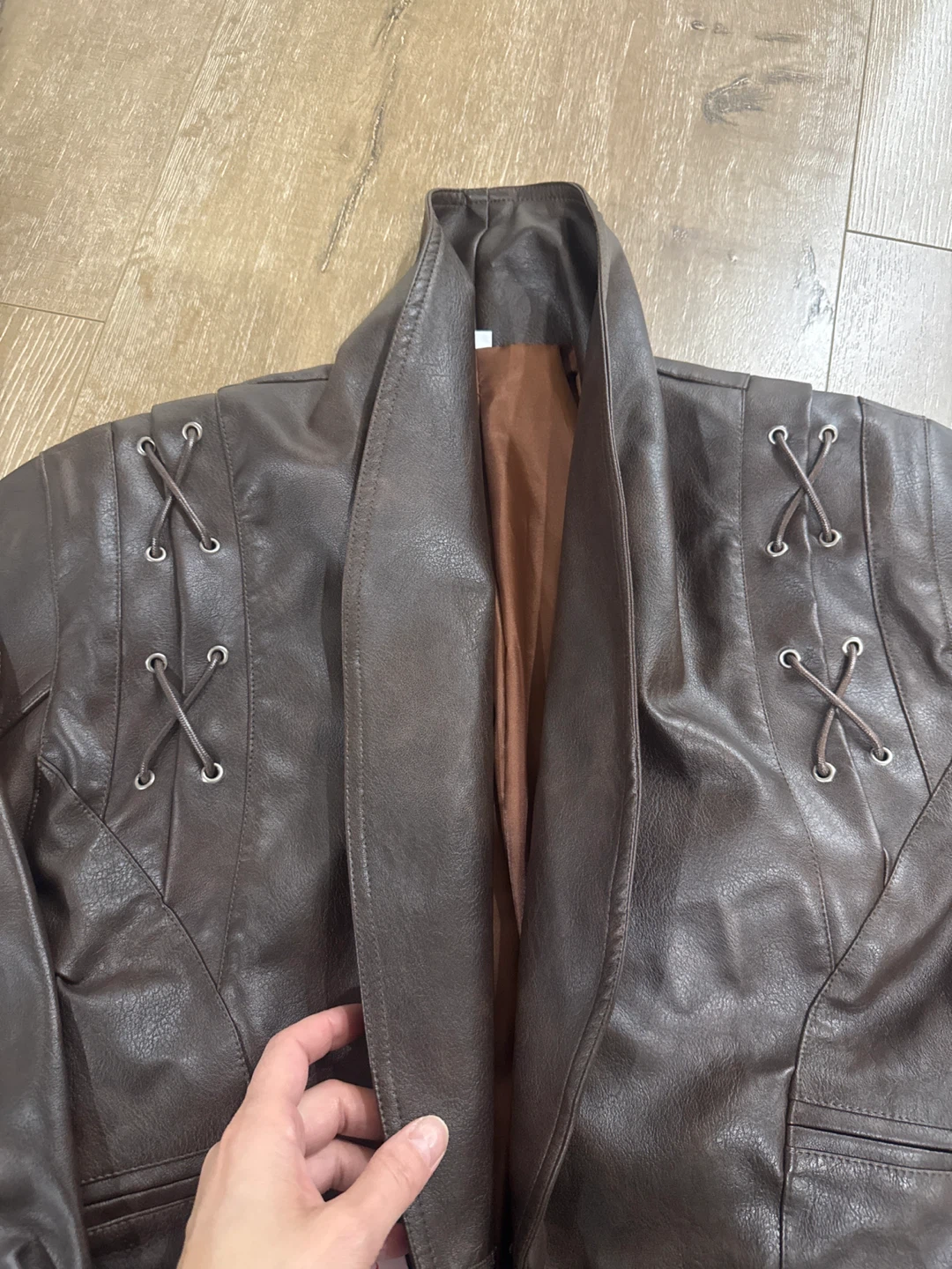 Brown Faux Leather Jacket with Lacing Detail