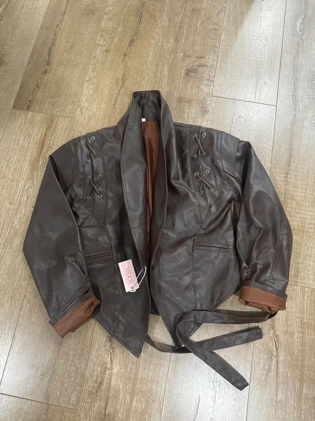 Brown Faux Leather Jacket with Lacing Detail - photo 4