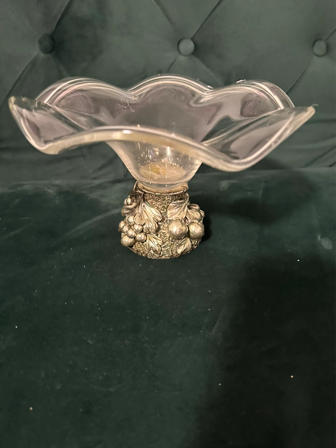 Set of 2 Glass Candy Dishes with Silver-Tone Grape Pedestals