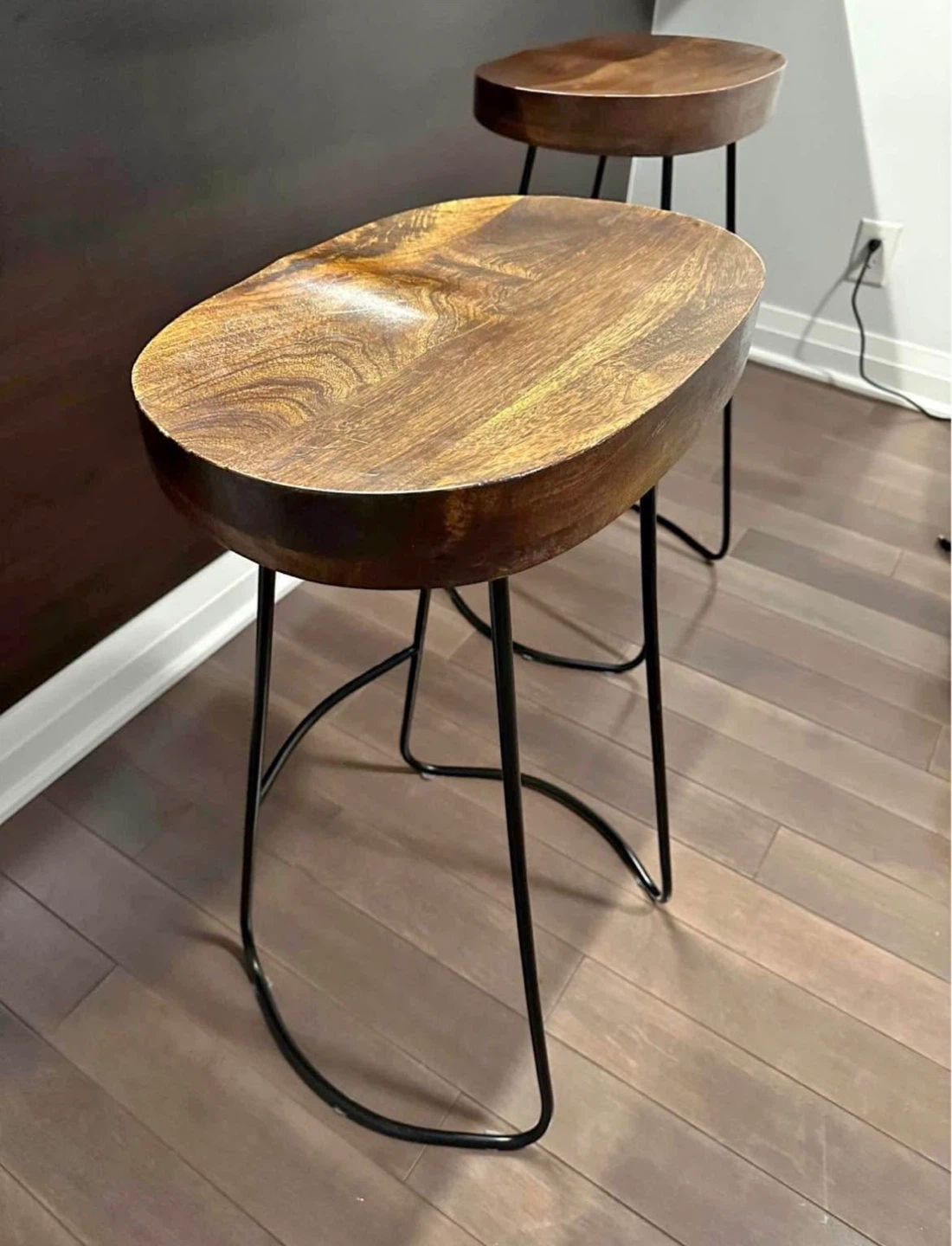 Set of 2 Wooden Bar Stools with Black Metal Legs - photo 2
