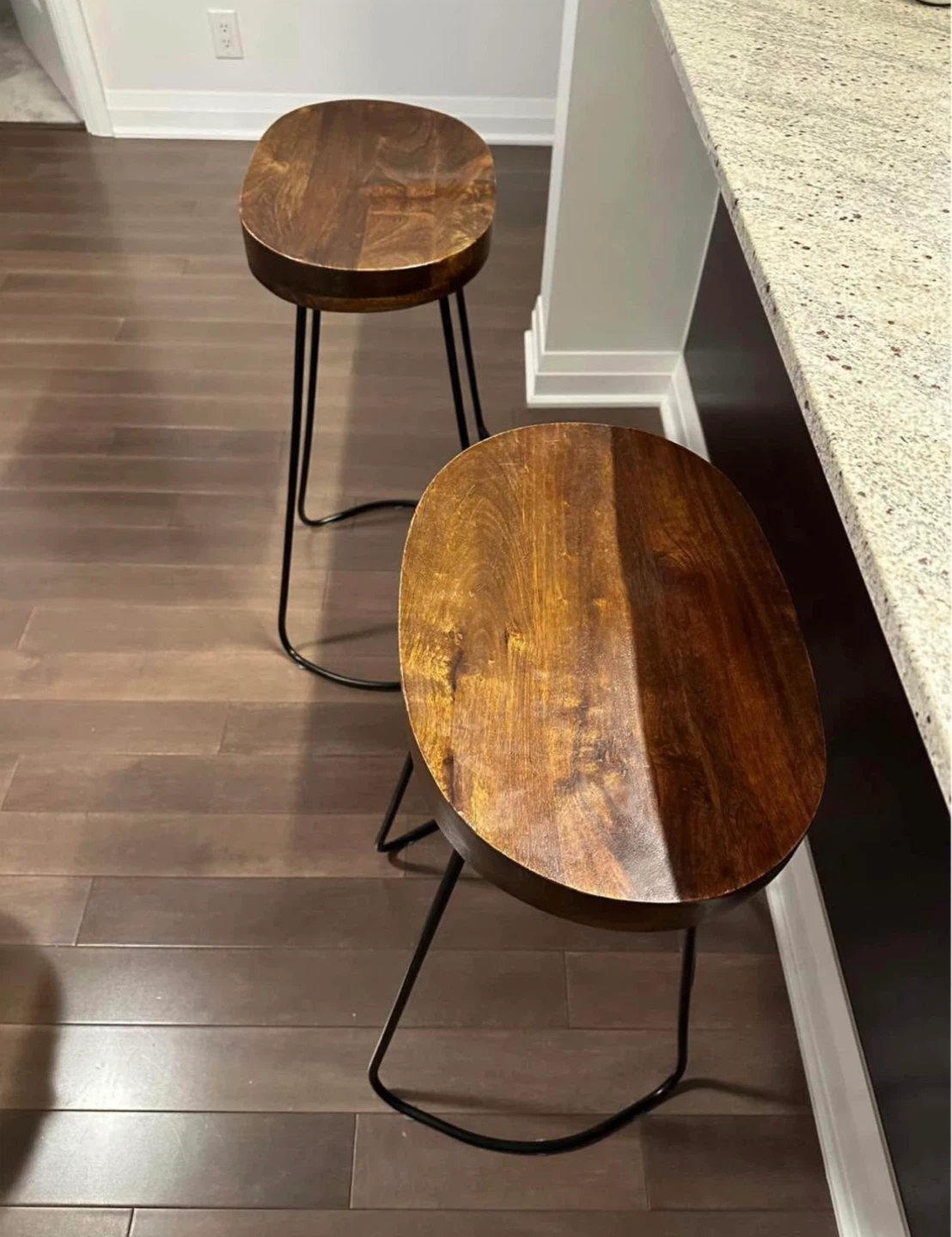 Set of 2 Wooden Bar Stools with Black Metal Legs
