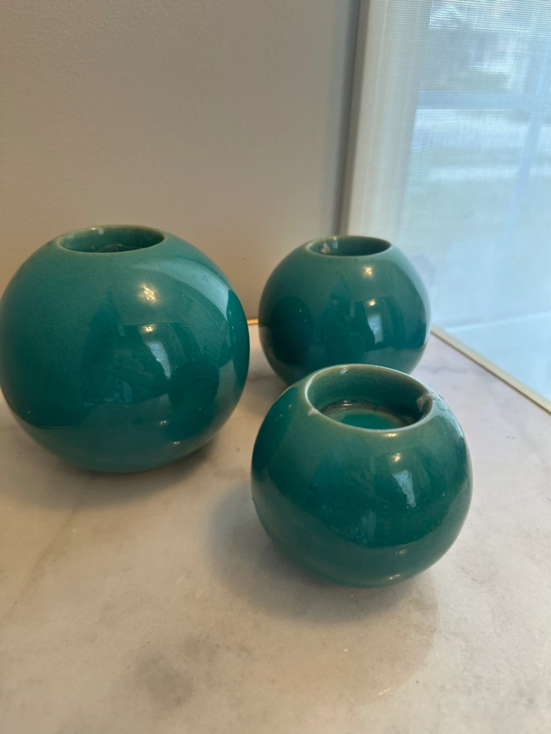Set of 3 Teal Ceramic Candle Holders