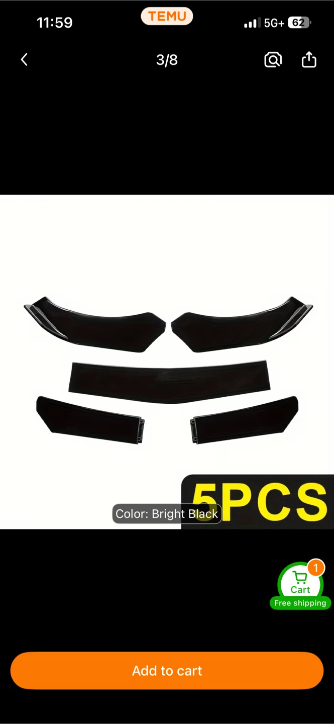 5 Piece Car Front Bumper Lip Kit - Bright Black - photo 4