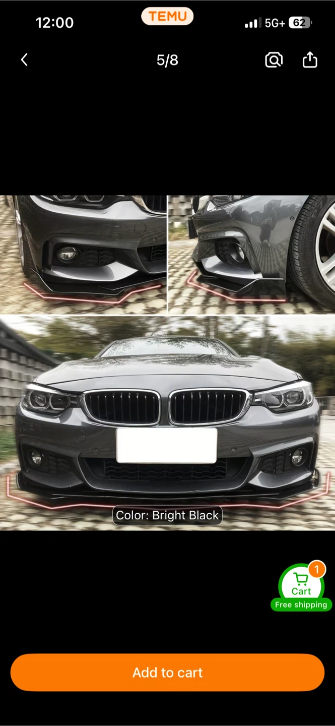 5 Piece Car Front Bumper Lip Kit - Bright Black
