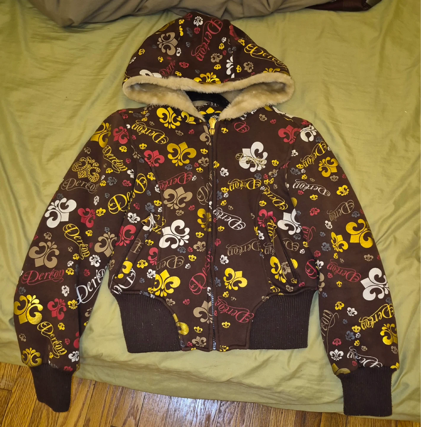 Deréon Brown Fleur de Lis Print Hooded Jacket