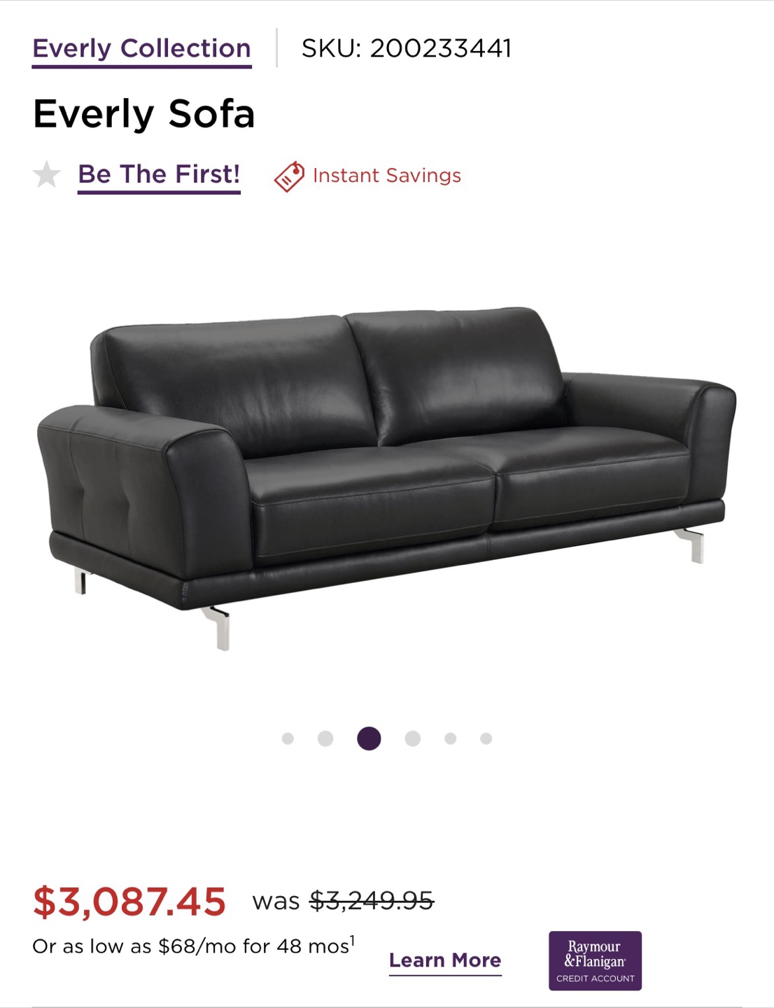 Armen Living Black Leather Sofa - Everly Collection - photo 3