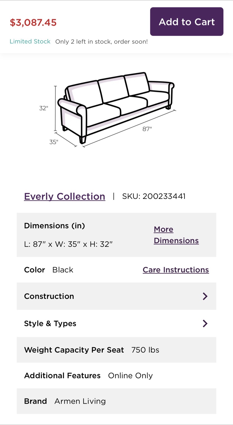 Armen Living Black Leather Sofa - Everly Collection - photo 4