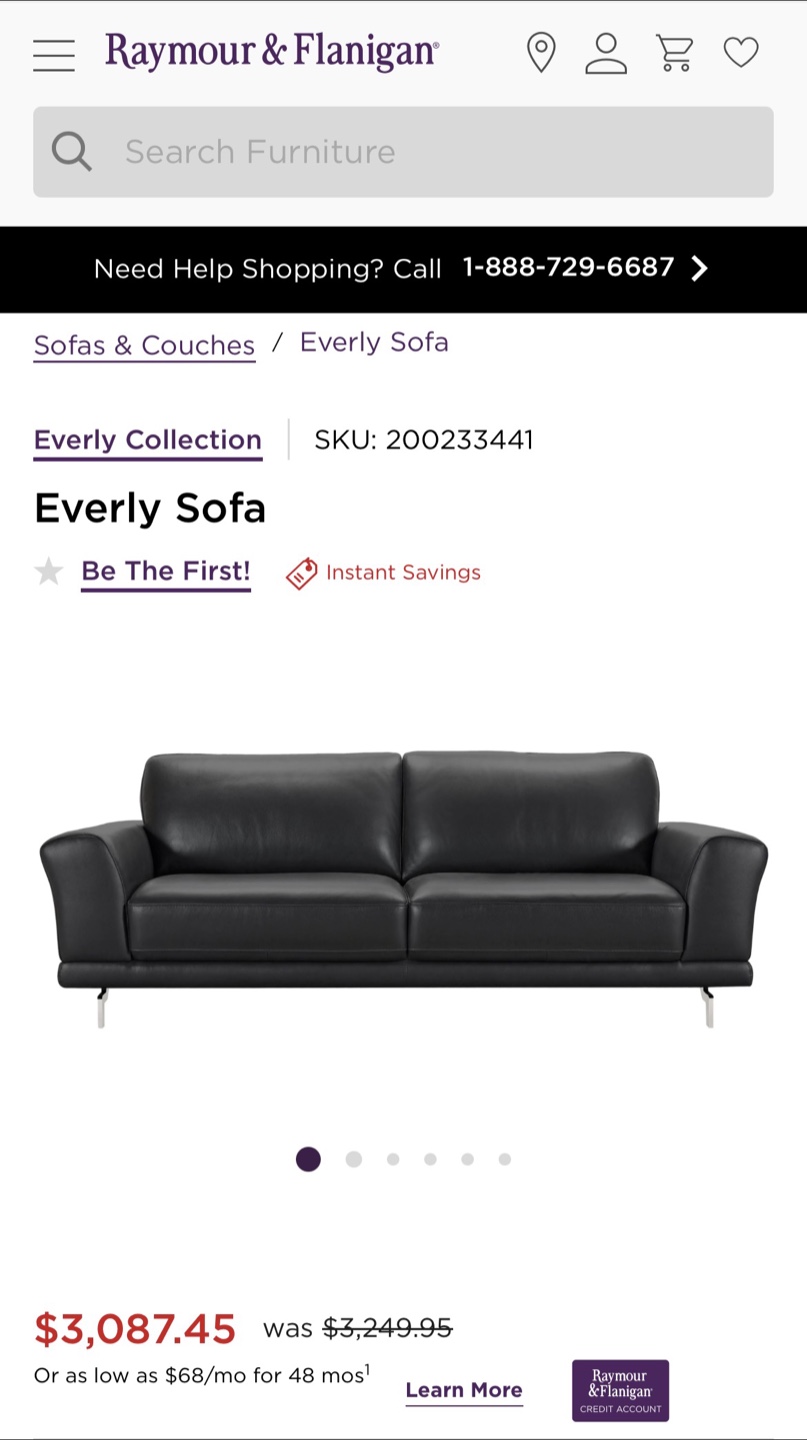 Armen Living Black Leather Sofa - Everly Collection