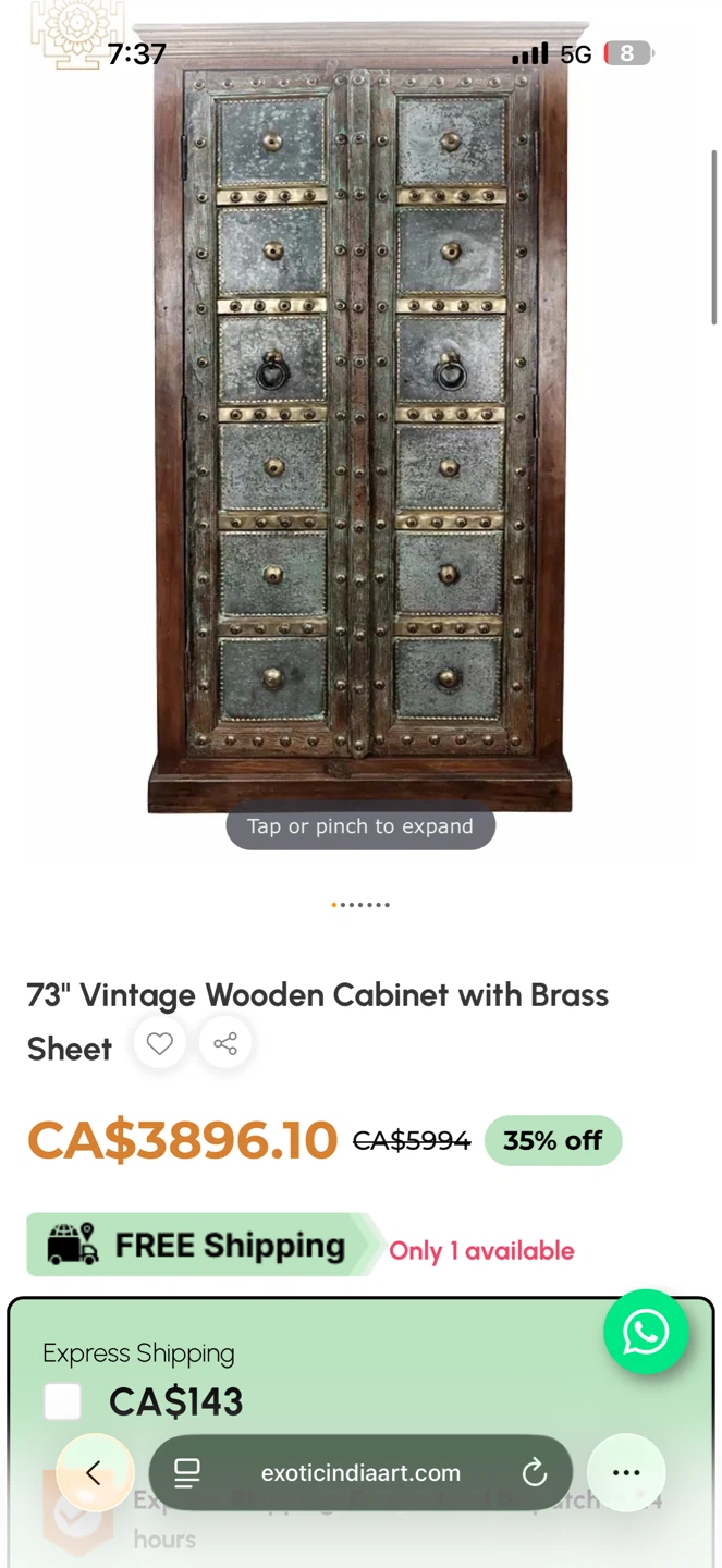 73" Vintage Wooden Cabinet with Brass Sheet