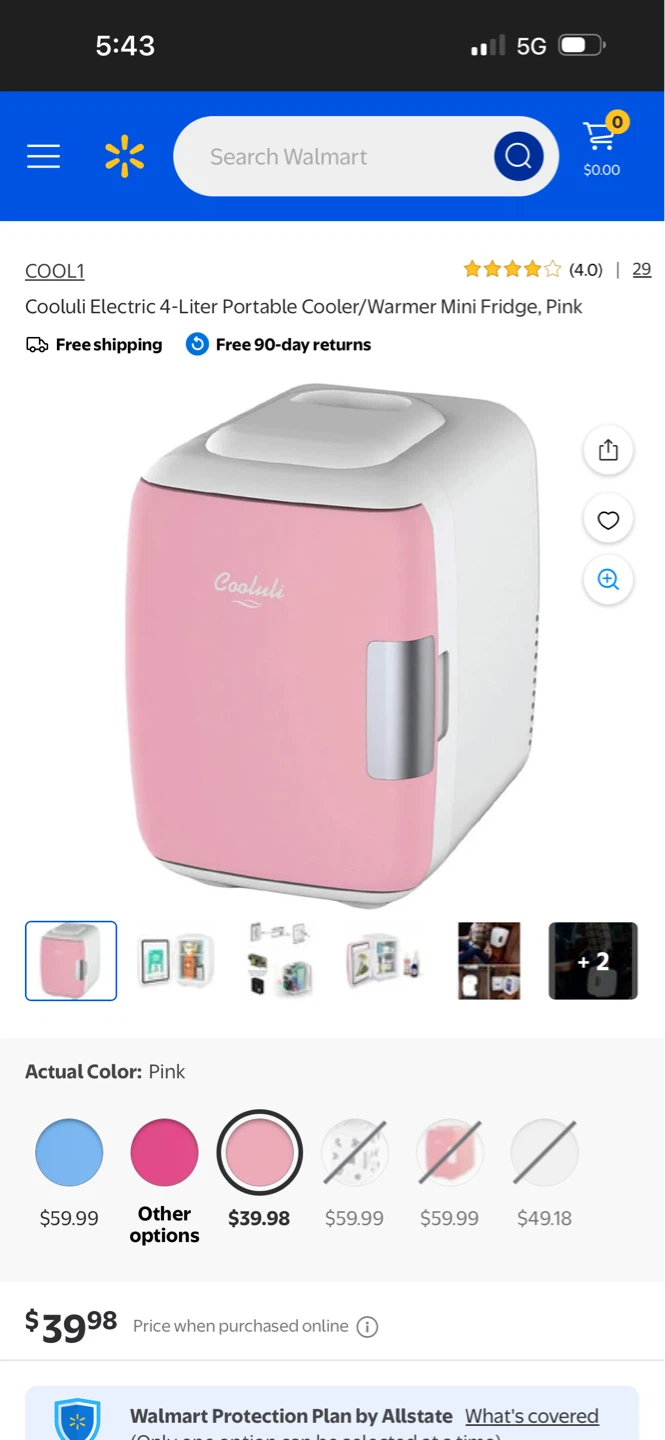 Cooluli Electric 4l Portable Cooler/Warmer MiniFridge, Pink