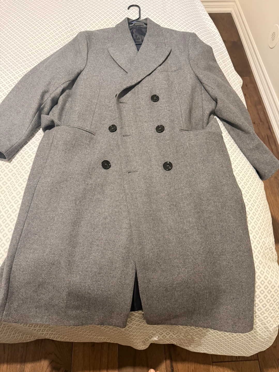 ZARA Men's Grey Double-Breasted Wool Blend Coat - Size XL