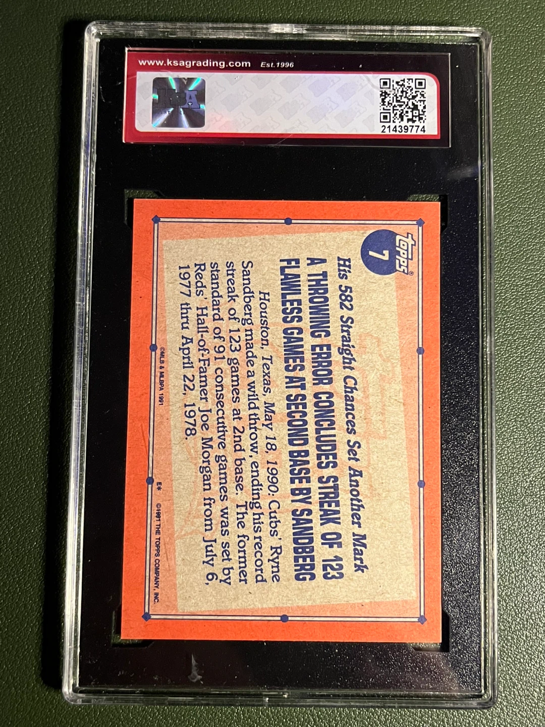 1991 Topps Ryne Sandberg #7 Record Breaker Card - photo 2