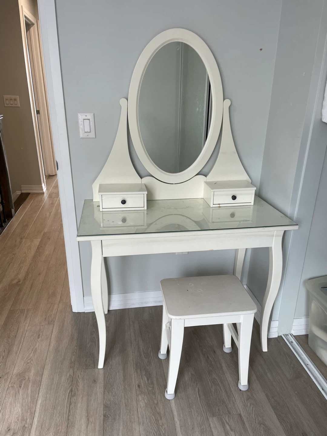 Sold) White Vanity Set with Mirror and Stool