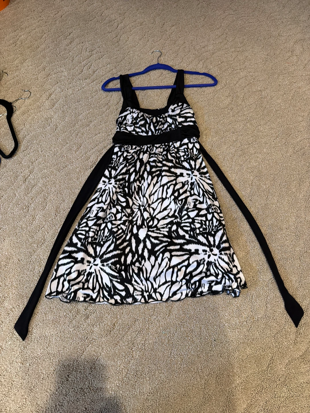 Black and White Floral Print Dress with Tie Waist
