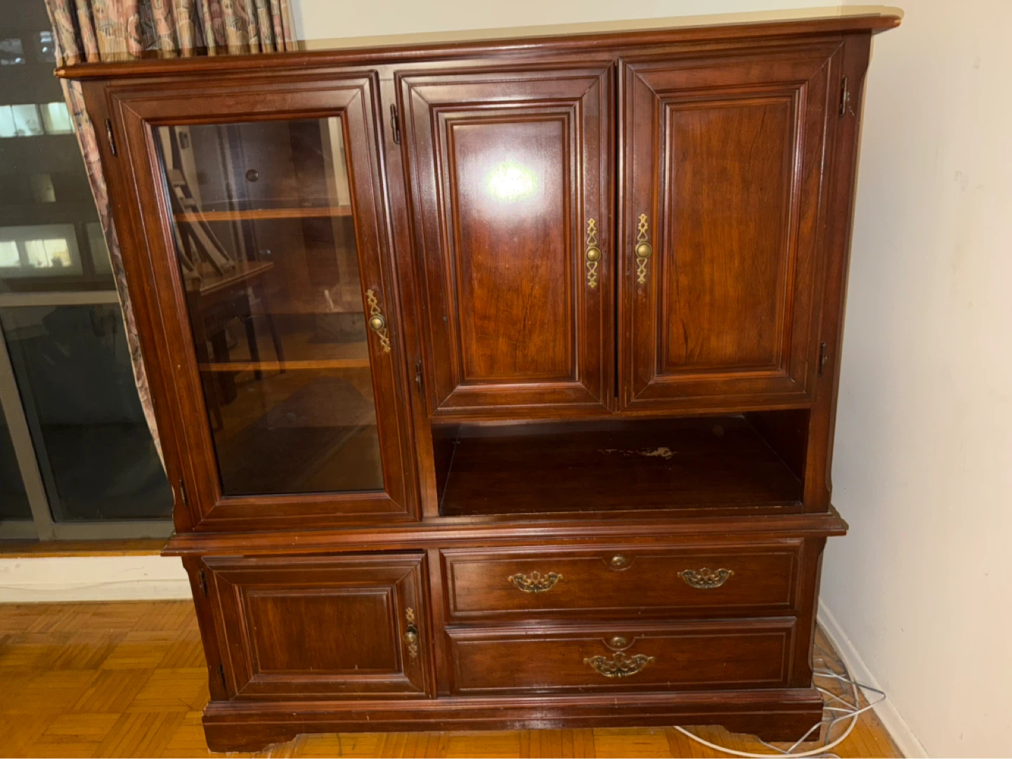 Wooden Entertainment Unit with Glass Doors and Drawers