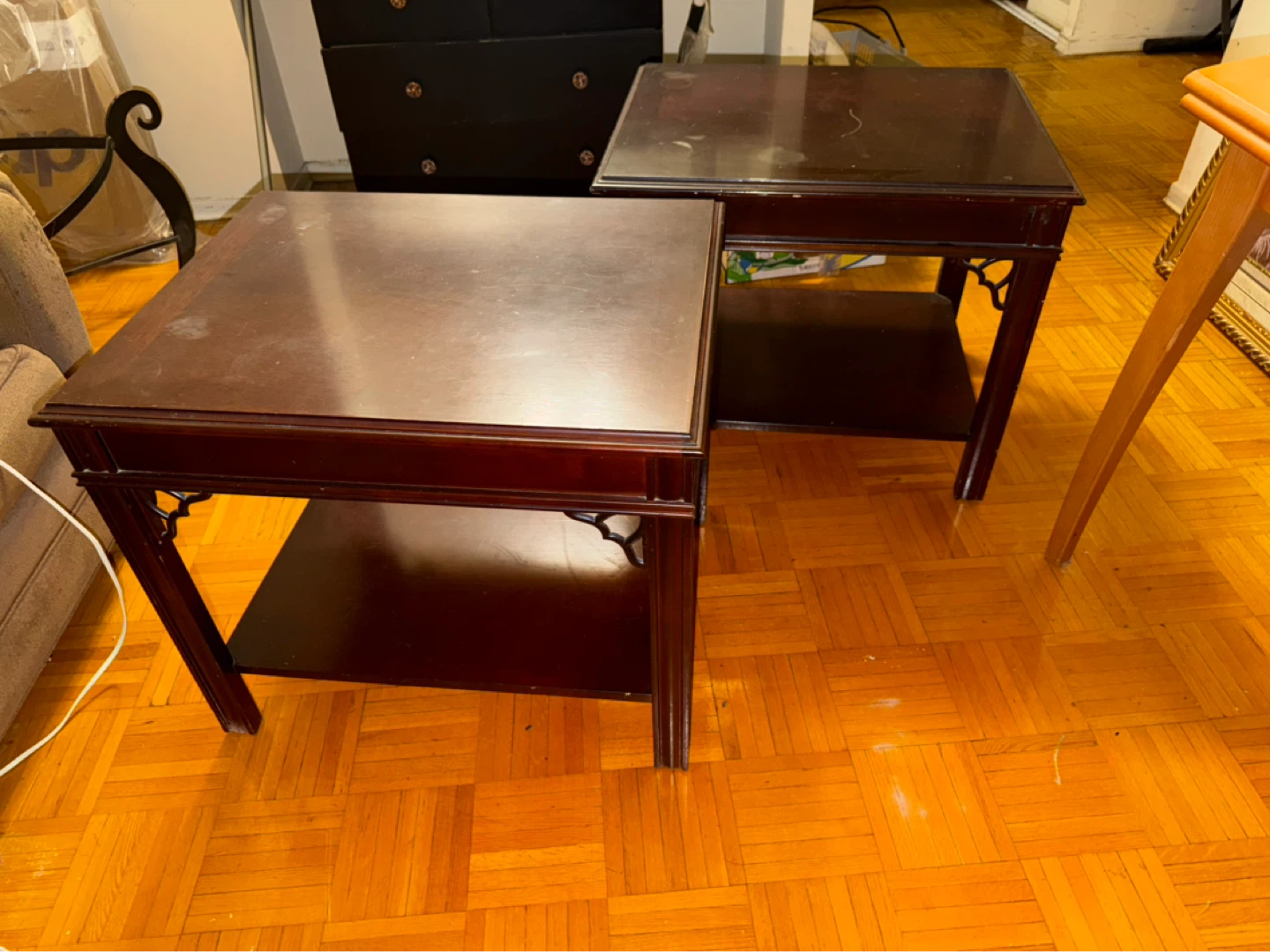 Dark Wood Side Tables with Shelf (Set of 2)