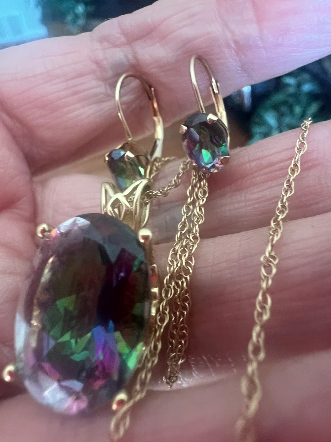 14 k Gold mystic topaz Pendant Necklace & Earrings Set
