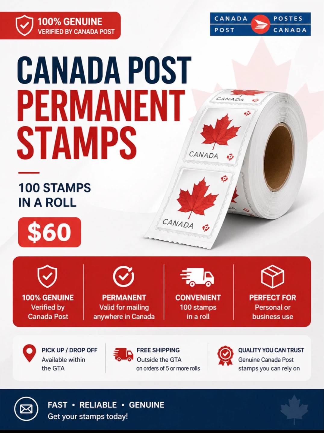 Canada Post Permanent Stamps - 100 Stamps