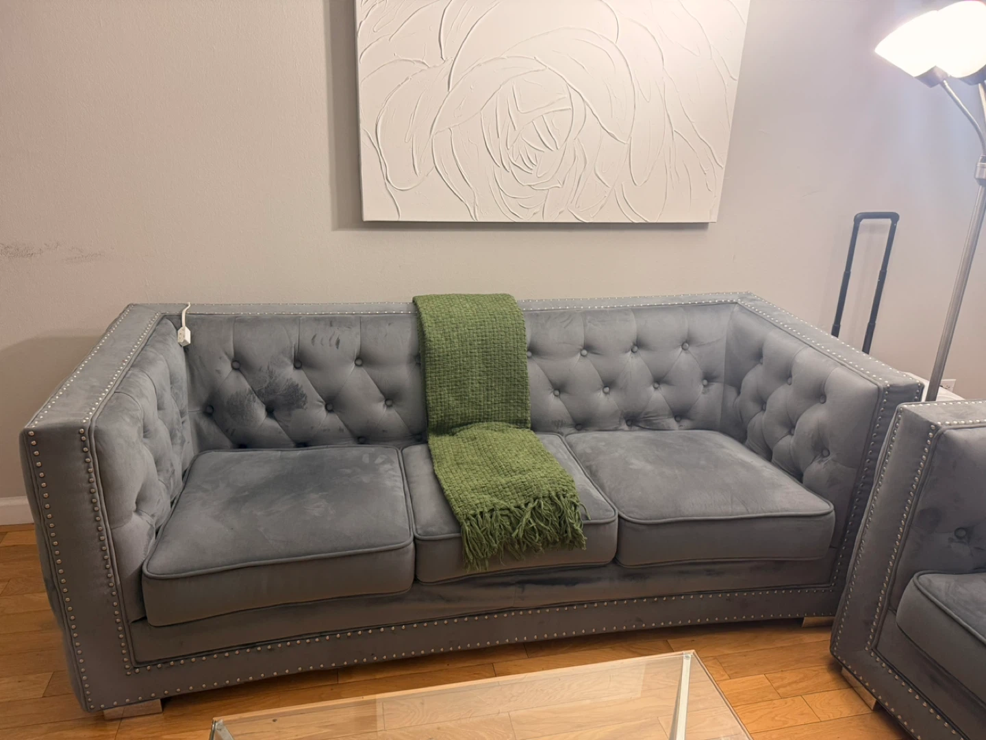 Grey Tufted Chesterfield Sofa with Studs - photo 3