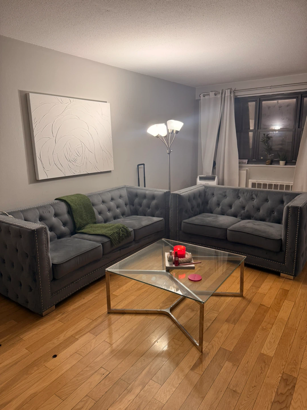 Grey Tufted Chesterfield Sofa with Studs