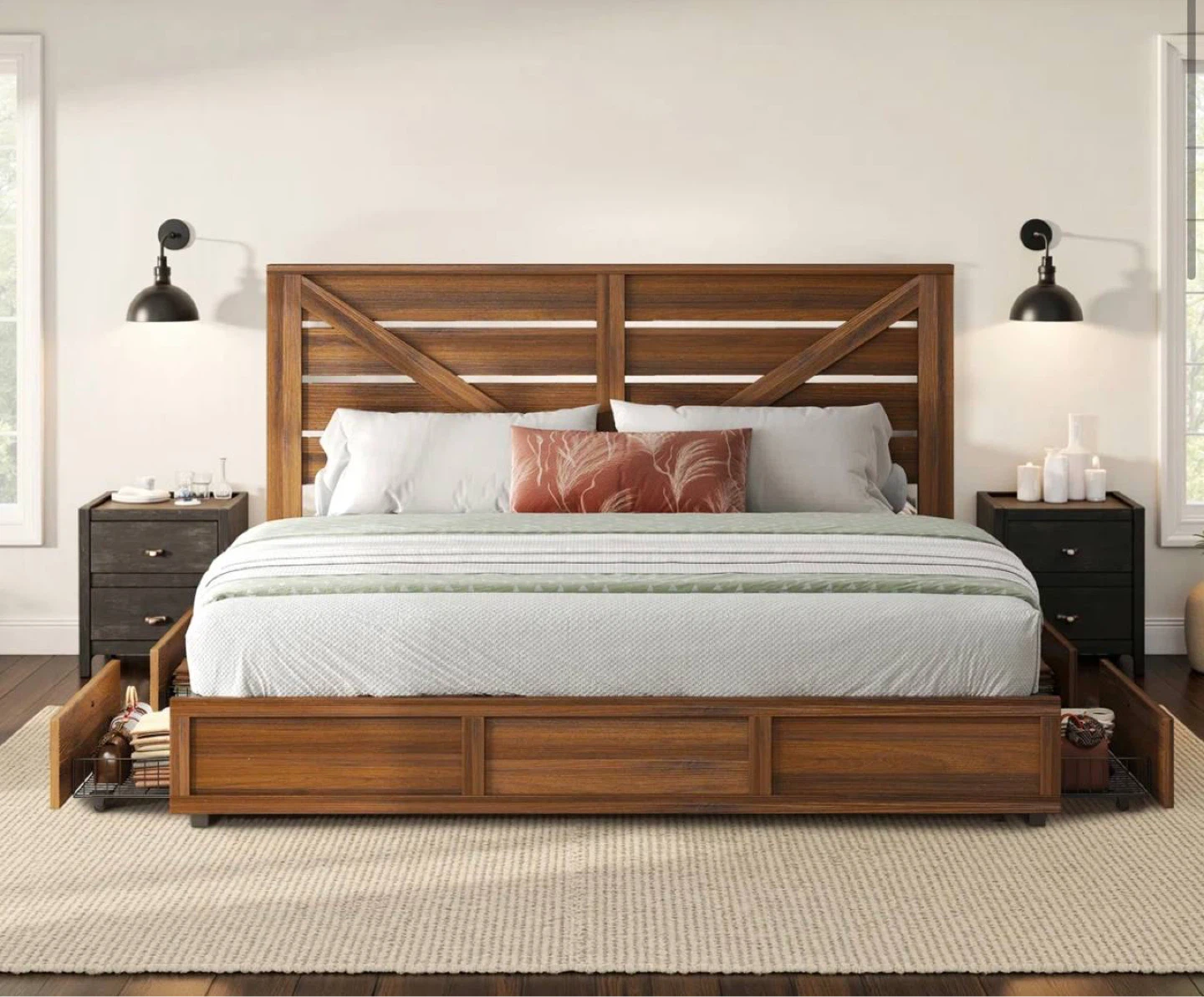 Farmhouse King Size Bed Frame with 4 Drawers