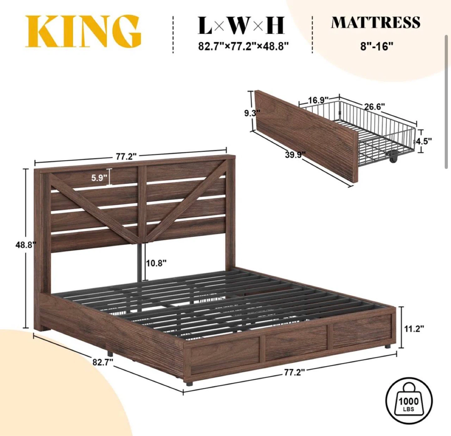 Farmhouse King Size Bed Frame with 4 Drawers - photo 2