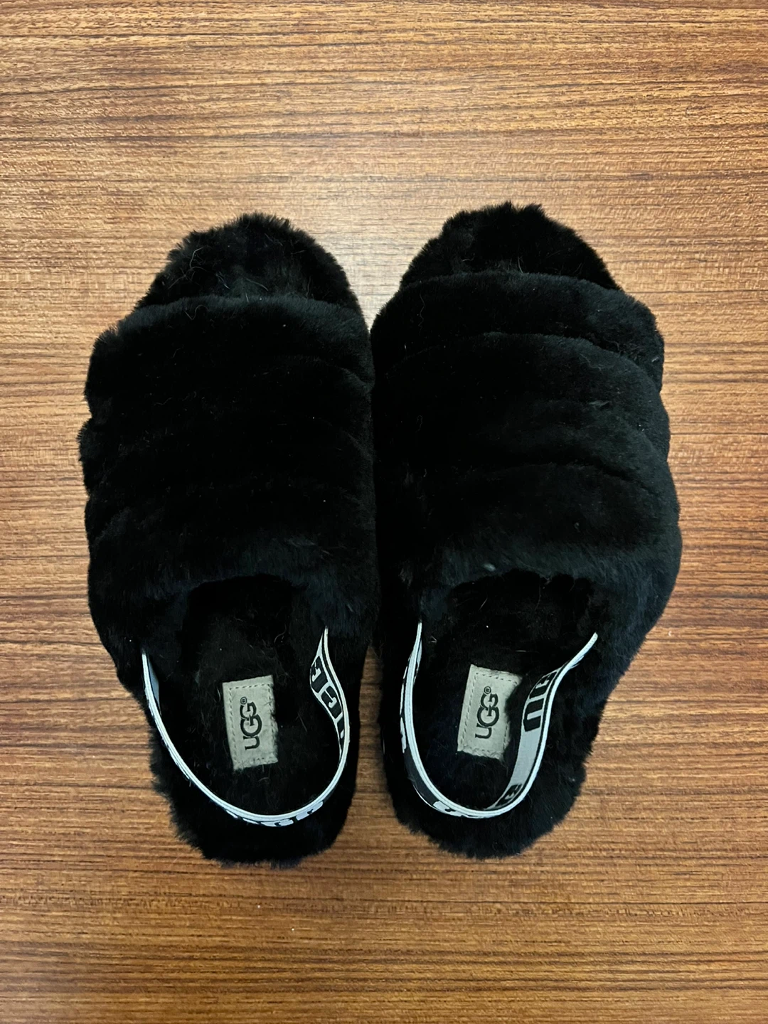 UGG Black Fluff Yeah Slide Slippers with Branded Heel Strap