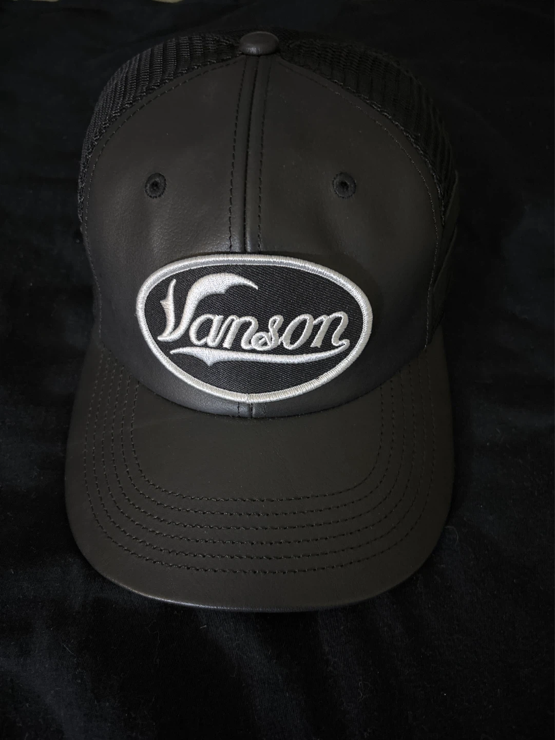 Vanson Black Leather & Mesh Trucker Hat