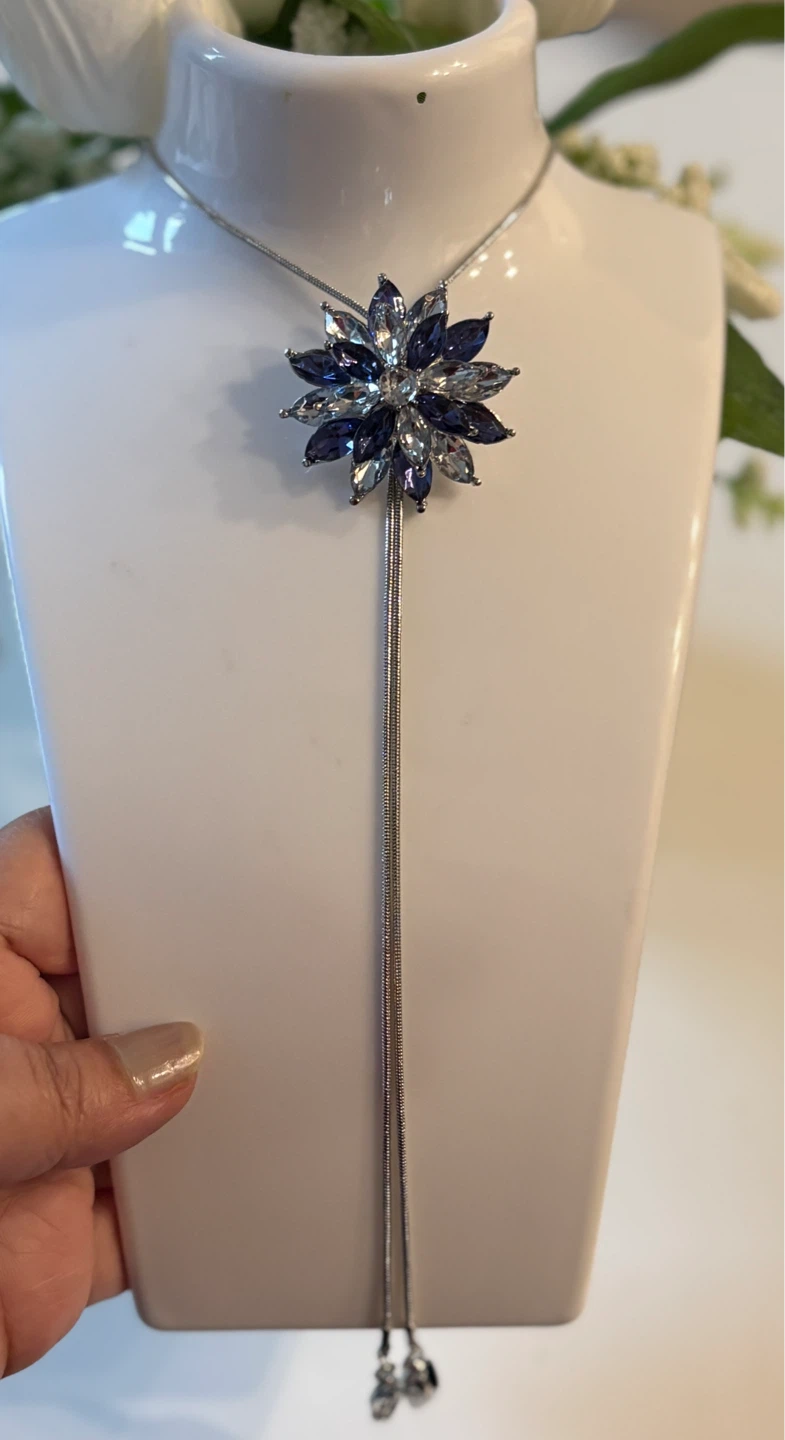 Flower Pendant Necklace with Blue and Clear Crystals - photo 2
