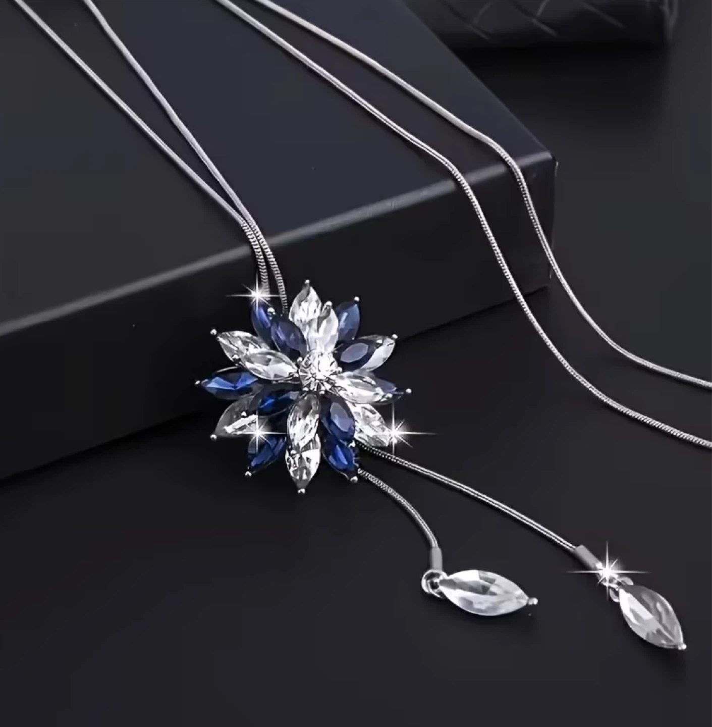 Flower Pendant Necklace with Blue and Clear Crystals - photo 3
