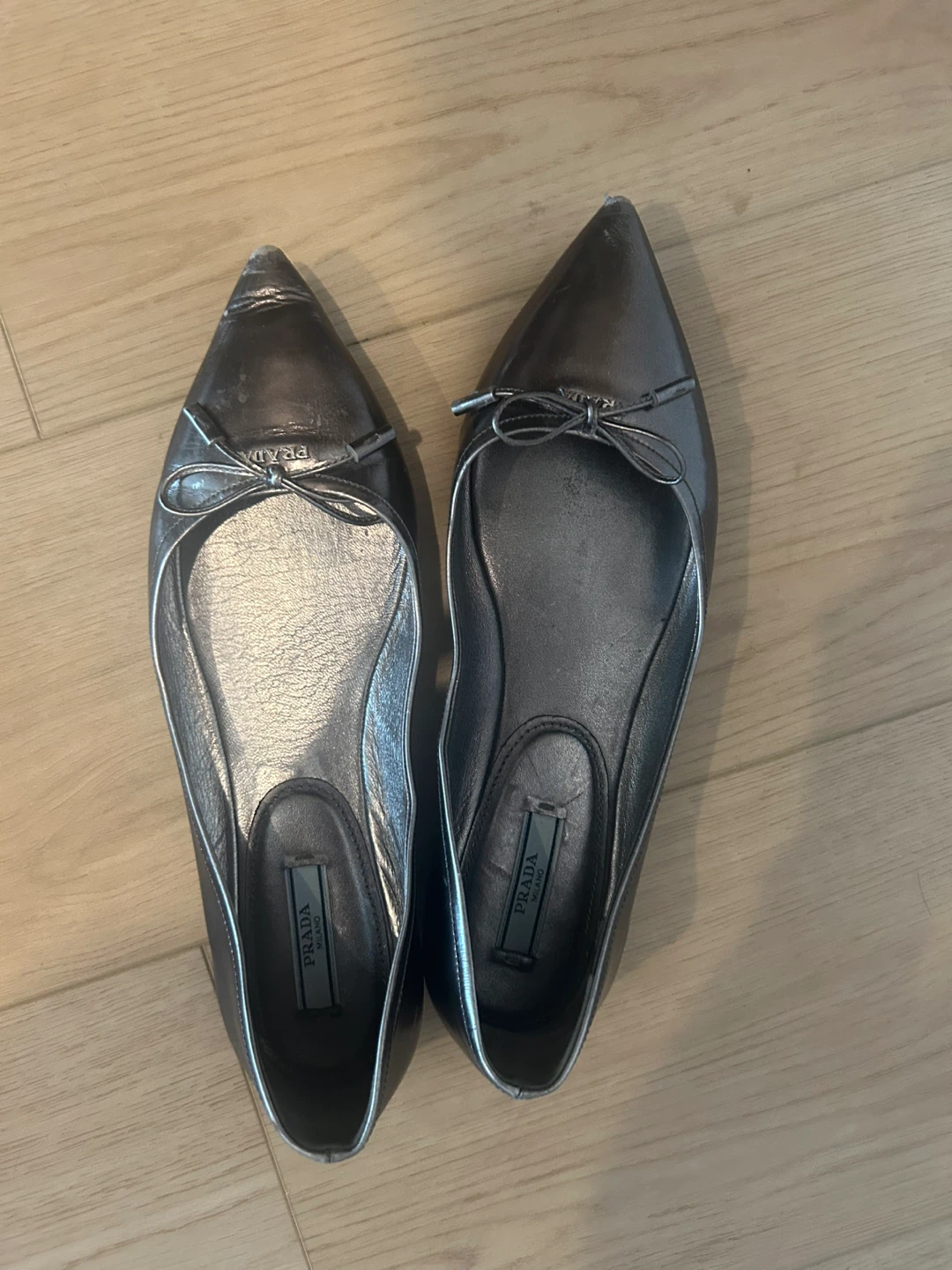 Prada Metallic Silver Pointed Toe Flats