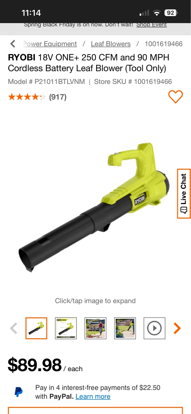 RYOBI 18V ONE+ Cordless Leaf Blower