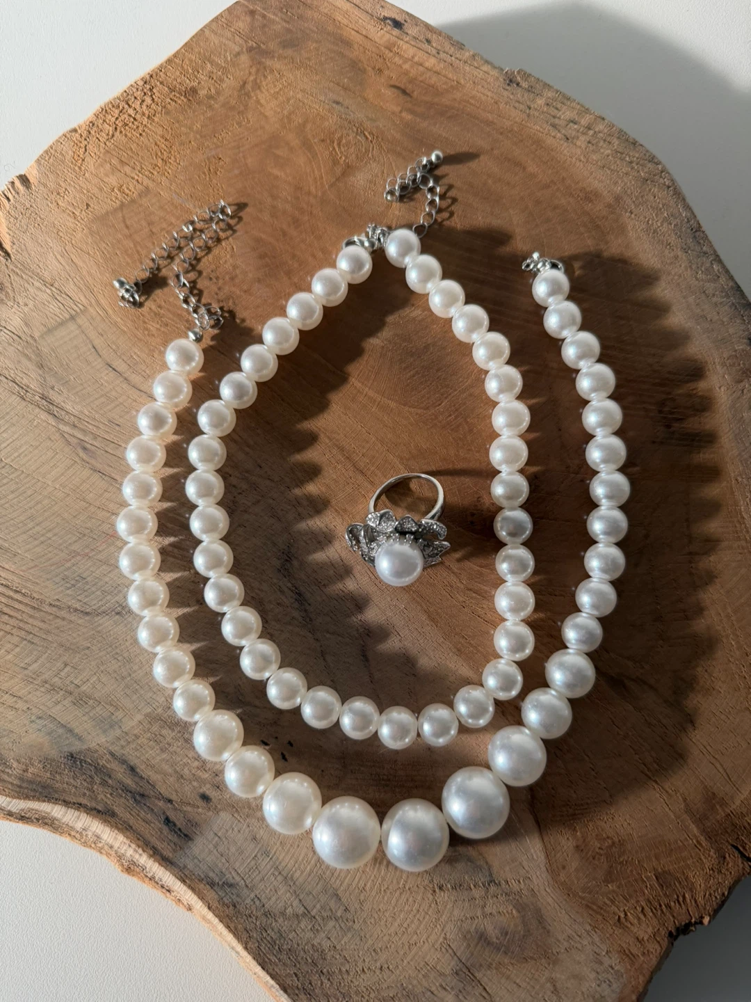 Pearl Necklace and Zirconia & Faux Pearl Ring - Set