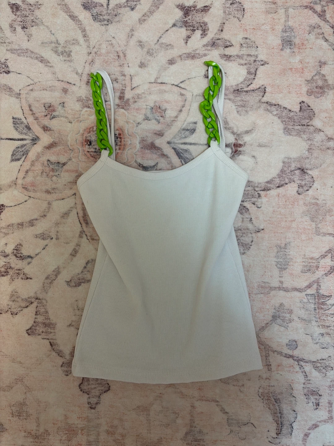 White Tank Top with Green Chain Straps