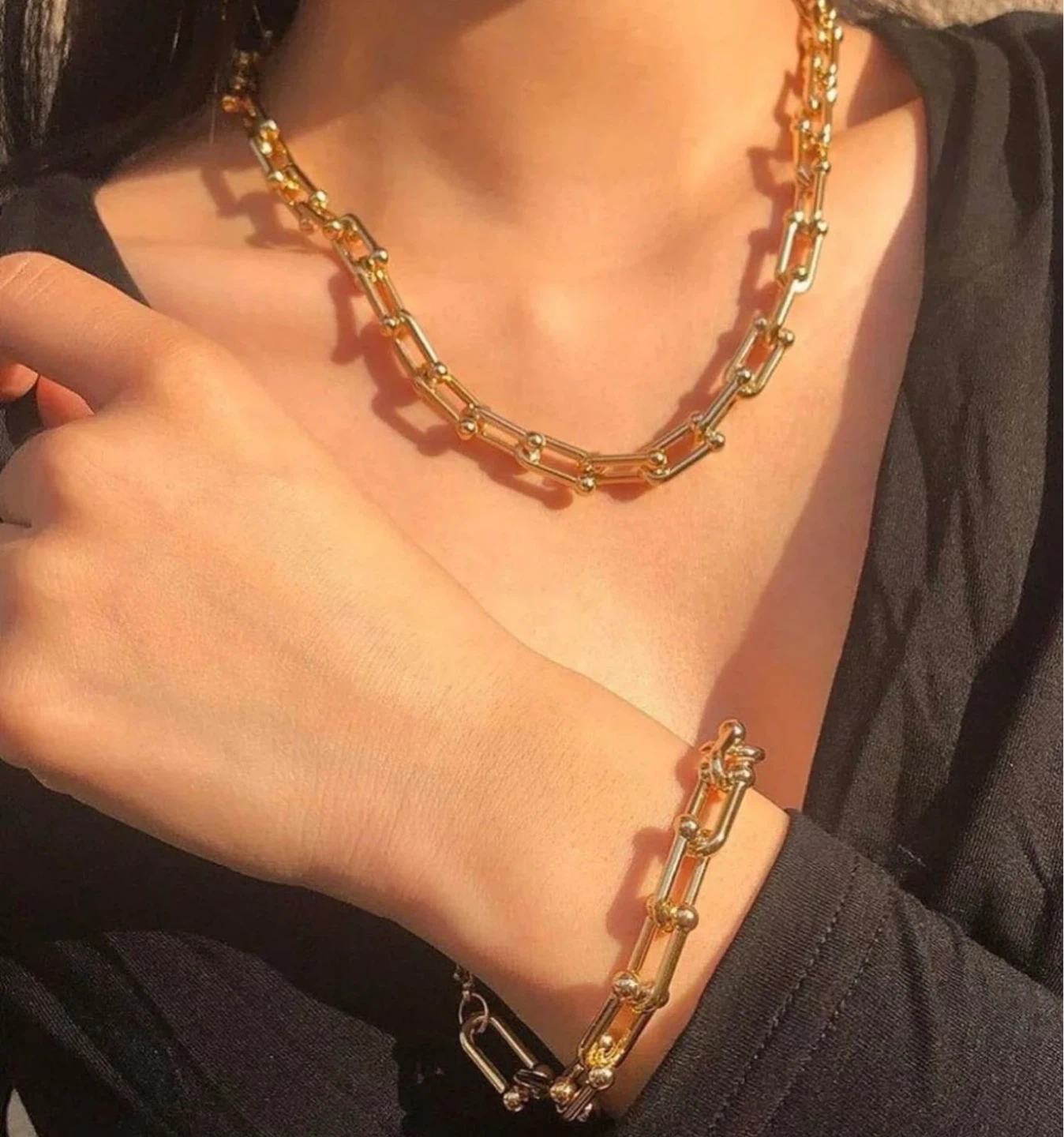 Gold plated 18k link necklace and bracelet set