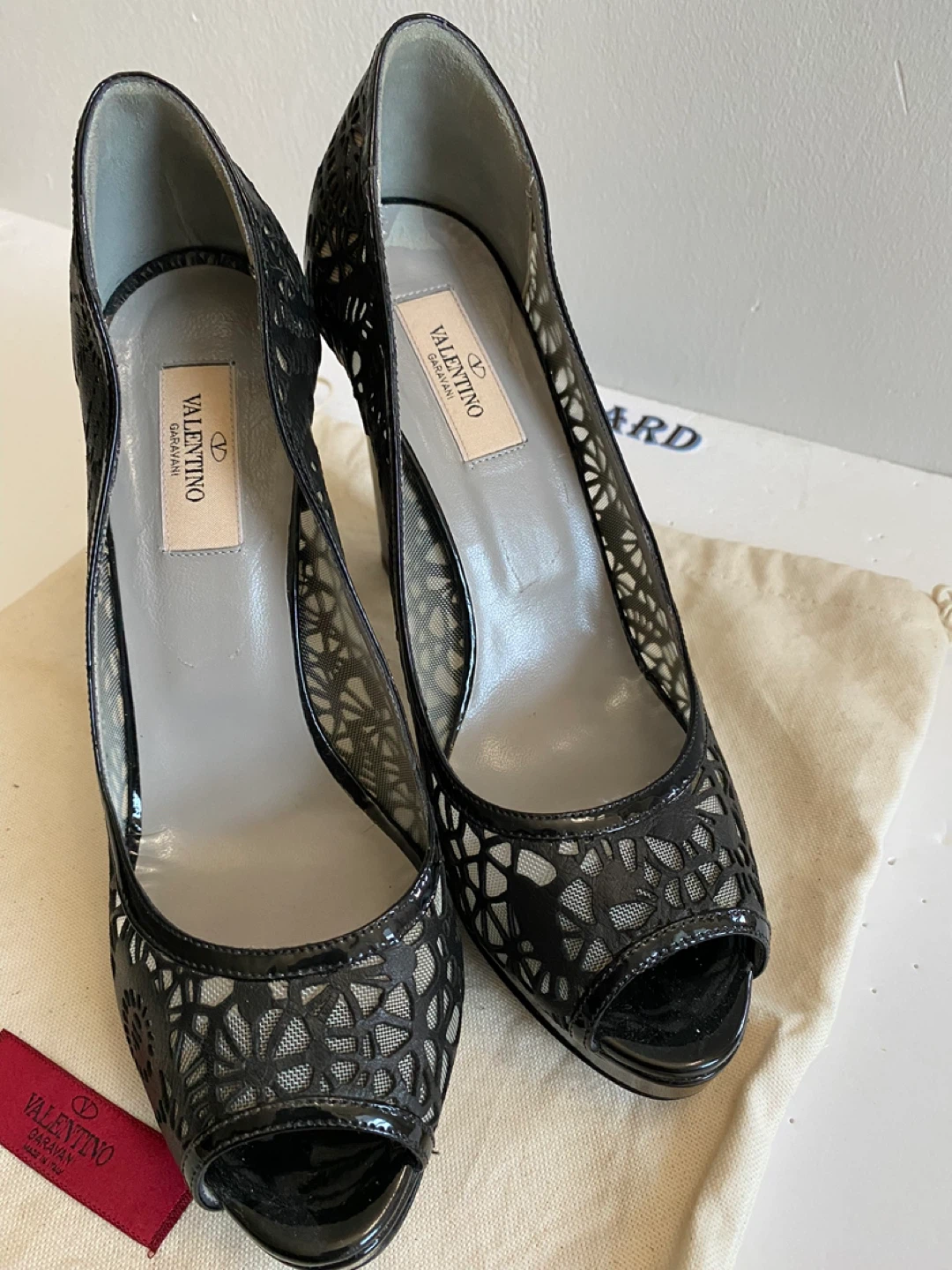 Valentino Black Lace Peep-Toe Heels - Size 39 - photo 3